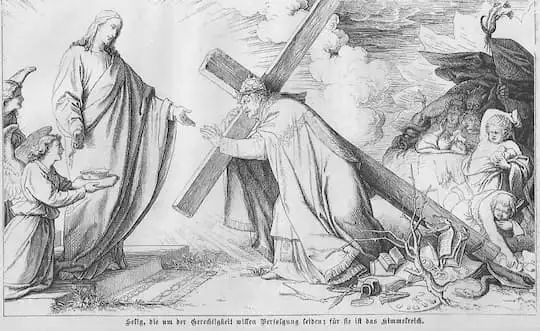 Der Papst trägt das Kreuz Christi, von seinen Feinden mit Steinen beworfen, von Christus glorreich empfangen