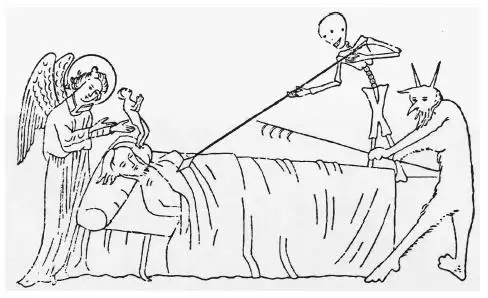 Unglaube und Unsterblichkeit: Die Seele wird beim Verlassen des Körpers von einem Dämon bedroht, ein Engel bietet ihr Schutz.