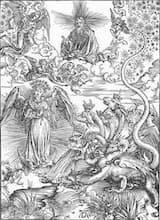 Auslegung der Apokalypse nach Berry: Bild von A. Dürer: Die mit der Sonne bekleidete Frau und der siebenköpfige Drache