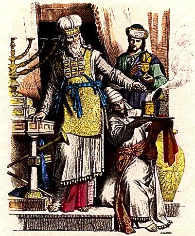 Apostasie des jüdischen Hohenpriesters: Darstellung eines Hohepriesters mit Brusttasche (Choschen) und zweier Leviten zur Zeit des Königreichs Juda