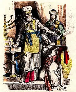 Apostasie des jüdischen Hohenpriesters: Darstellung eines Hohepriesters mit Brusttasche (Choschen) und zweier Leviten zur Zeit des Königreichs Juda