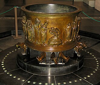 Wer ist Mitglied der katholischen Kirche: Bronze-Taufbecken von Reiner von Huy in St. Barthelémy, Lüttich
