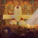 Una cum im Kanon der heiligen Messe: der Priester hebt nach der Wandlung die Hostie hoch
